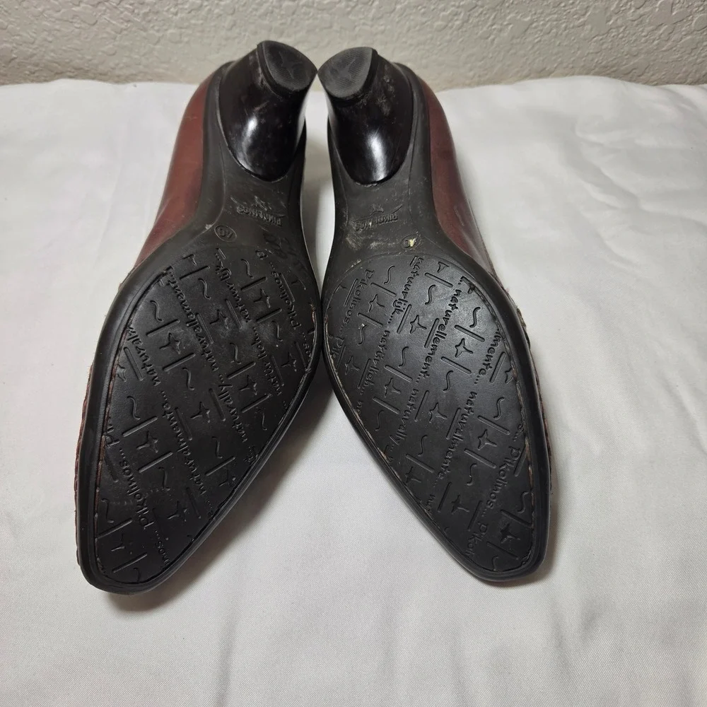 Pikolinos Brown Leather Buckle Woven Strap Kitten Heel Loafers Size 40